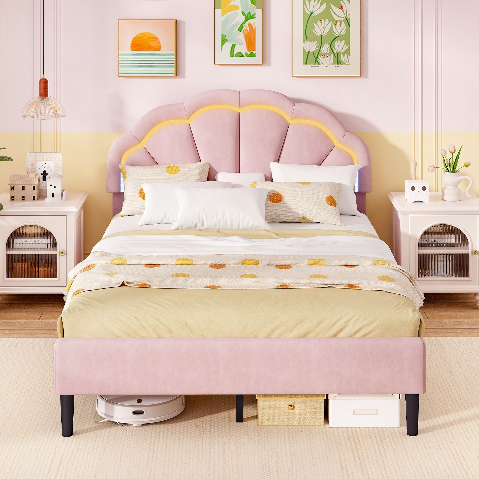 Upholstered LED Bed Frame with Adjustable Flower Headboard and Metal Support Feet Pink
