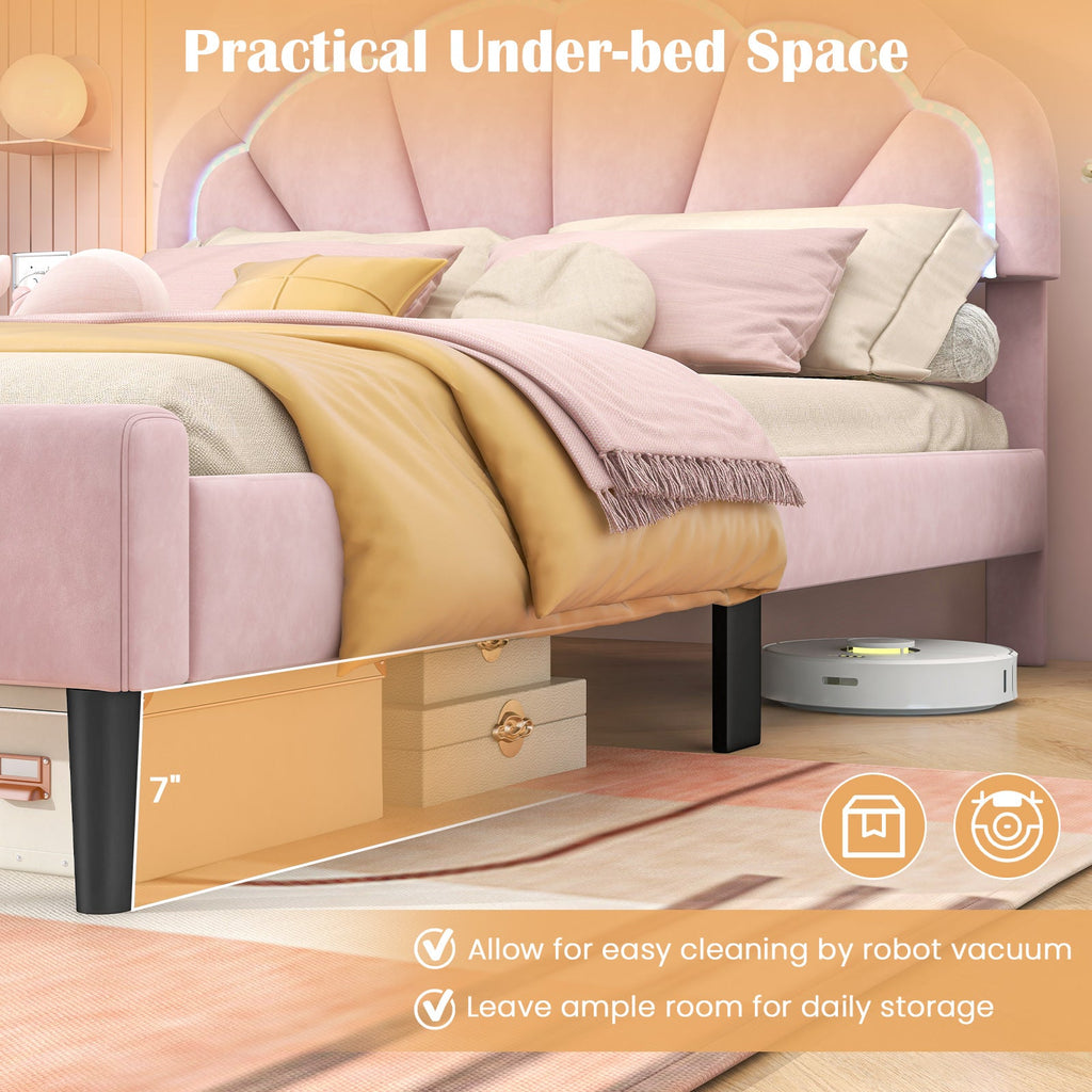 Upholstered LED Bed Frame with Adjustable Flower Headboard and Metal Support Feet Pink