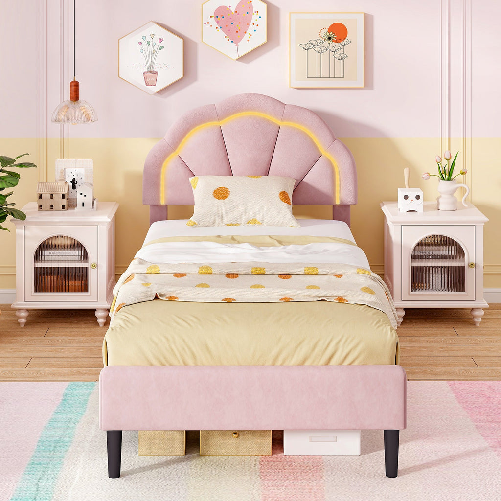 Upholstered LED Bed Frame with Adjustable Flower Headboard and Metal Support Feet Pink