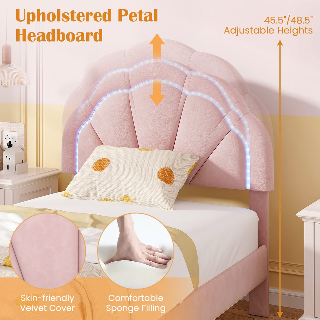 Upholstered LED Bed Frame with Adjustable Flower Headboard and Metal Support Feet Pink