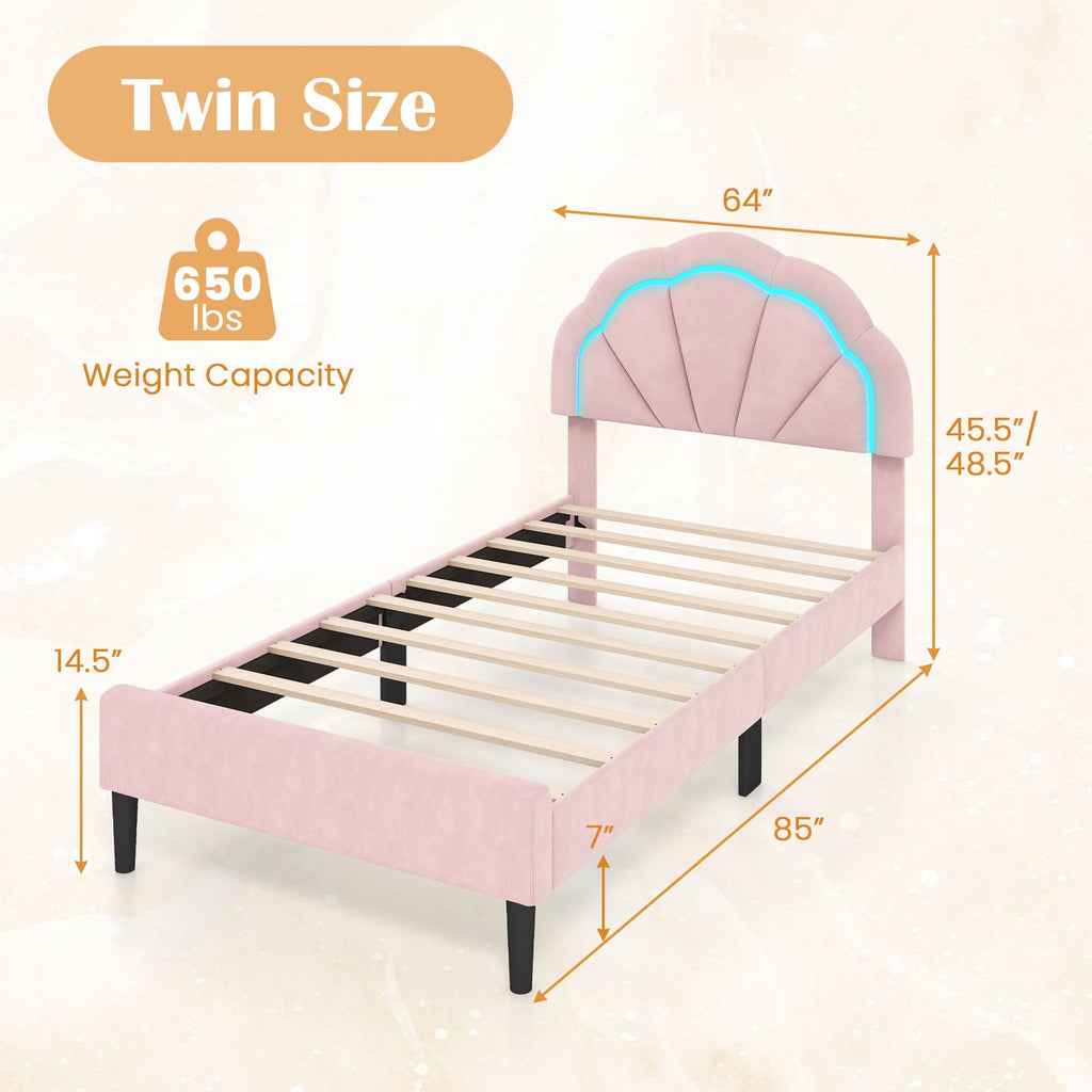 Upholstered LED Bed Frame with Adjustable Flower Headboard and Metal Support Feet Pink