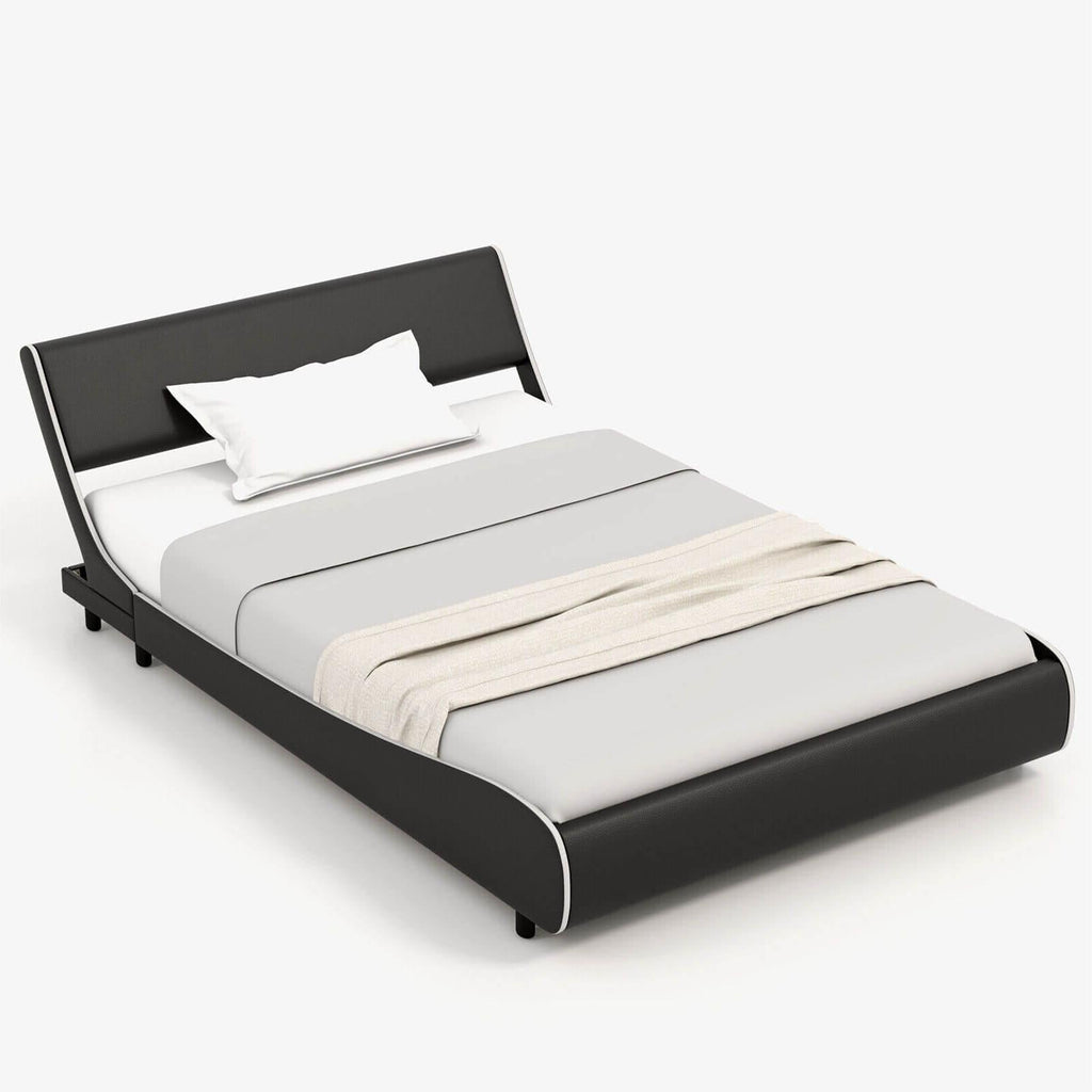 Upholstered Platform Bed Frame Low Profile Faux Leather with Curved Headboard