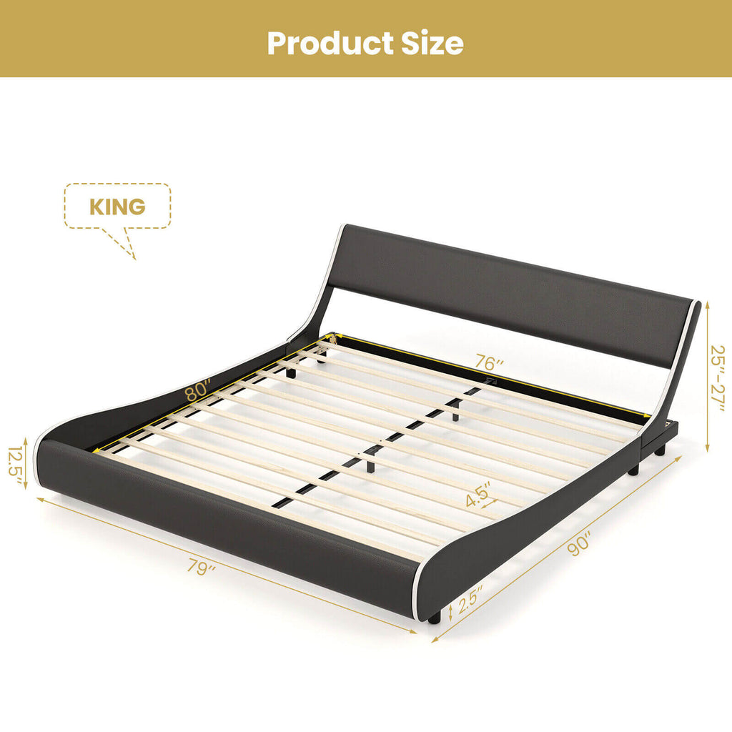 Upholstered Platform Bed Frame Low Profile Faux Leather with Curved Headboard