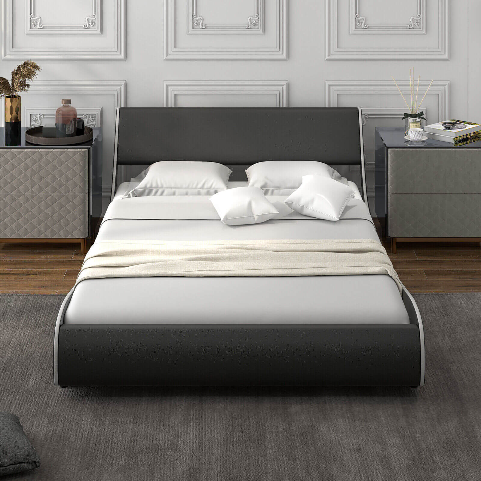 Upholstered Platform Bed Frame Low Profile Faux Leather with Curved Headboard
