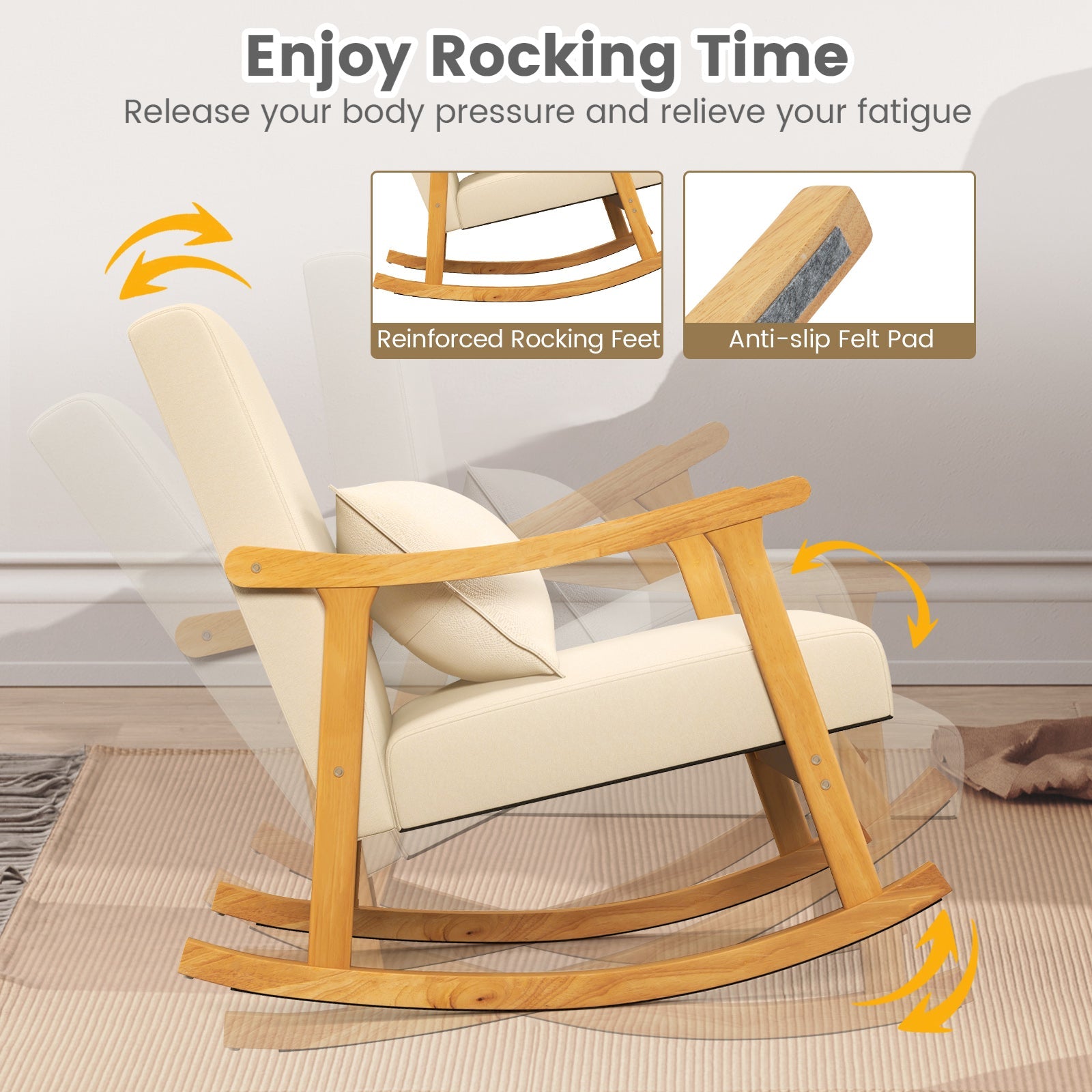 Upholstered Rocking Chair with Pillow and Rubber Wood Frame