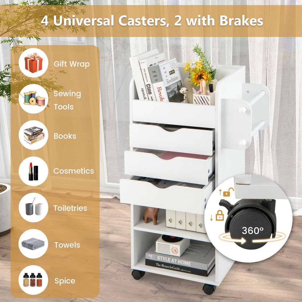 Utility Trolley with Open Shelves and 3 Drawers-White