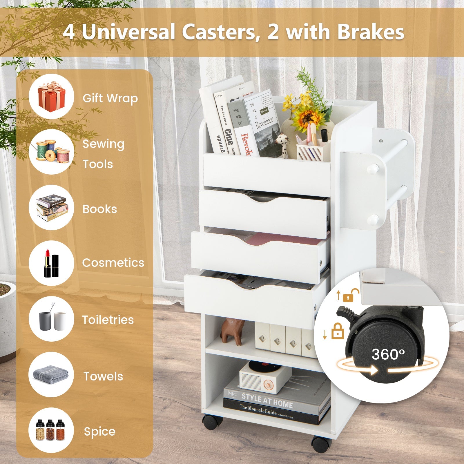Utility Trolley with Open Shelves and 3 Drawers-White