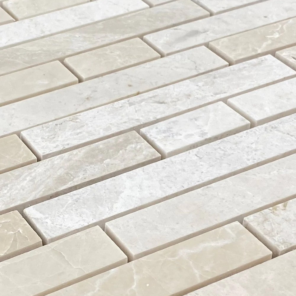 Vanilla Beige Marble Strip Liner Mosaic Tile - Honed Mesh 12x12