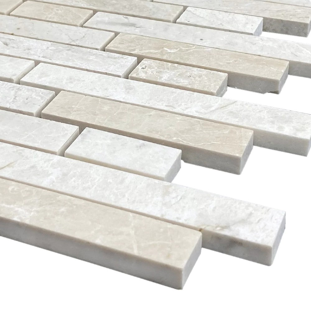 Vanilla Beige Marble Strip Liner Mosaic Tile - Honed Mesh 12x12