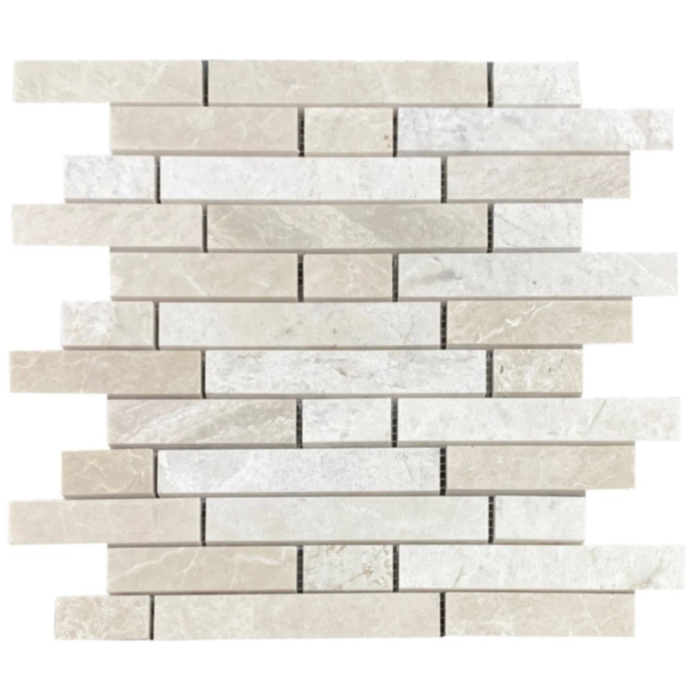 Vanilla Beige Marble Strip Liner Mosaic Tile - Honed Mesh 12x12