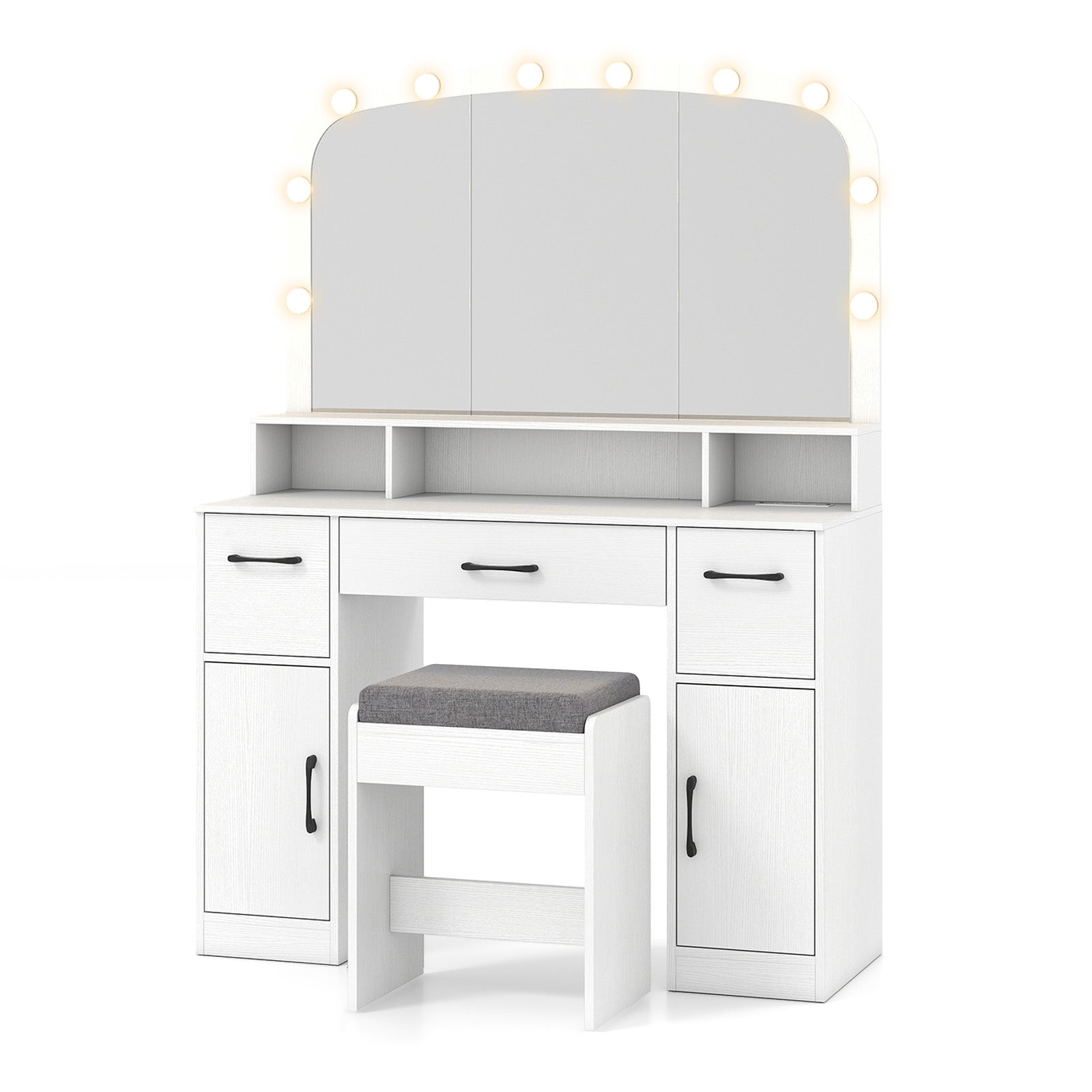 Vanity Desk Makeup Table with Stool 3-Color Lights and Charging Station