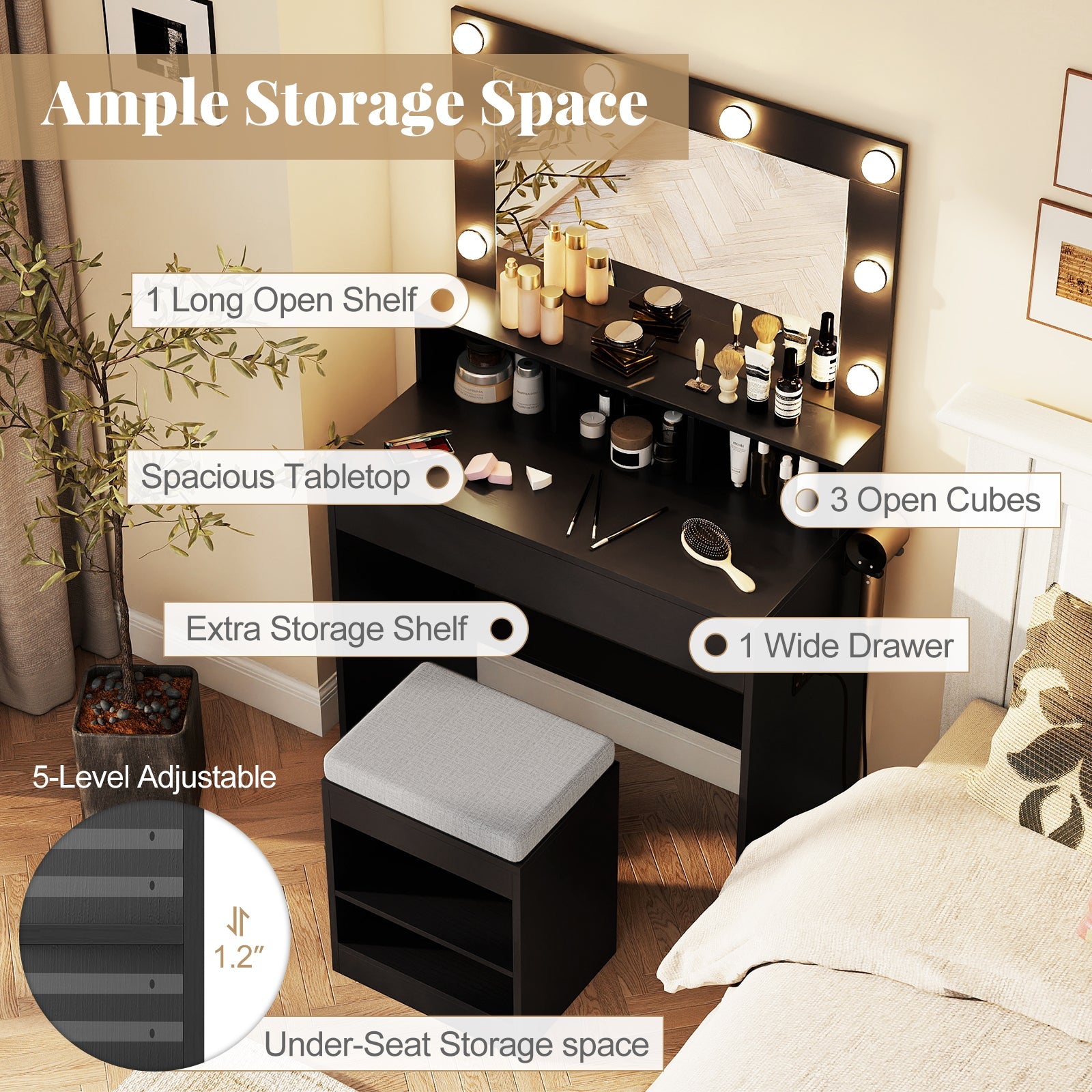Vanity Table Set with Lighted Mirror and Cushion Stool
