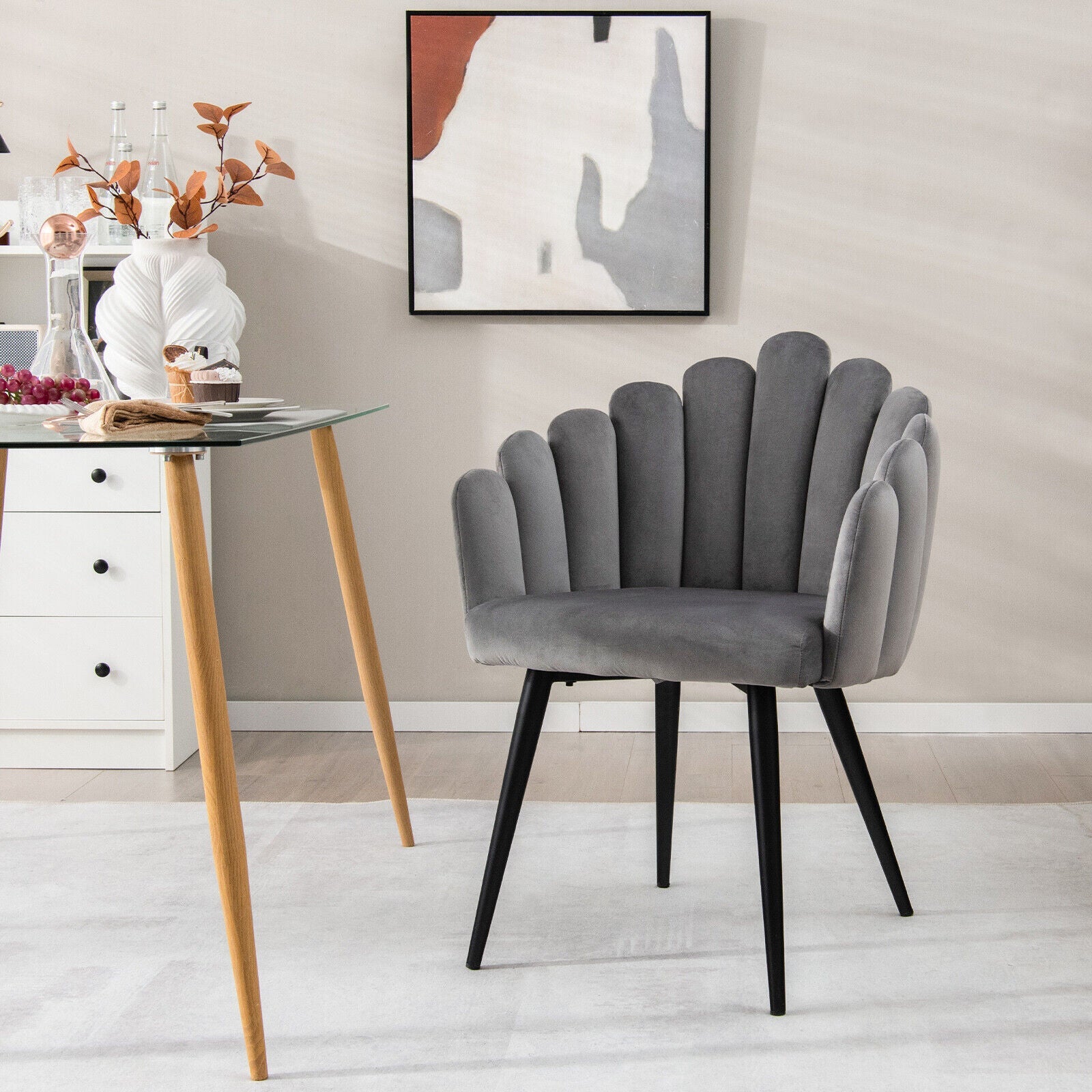 Modern Velvet Dining Chair with Metal Base and Petal Backrest