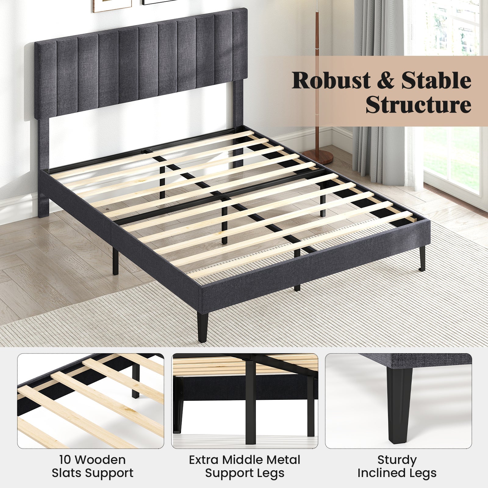 Velvet Upholstered Platform Bed with Height Adjustable Vertical Channel Headboard