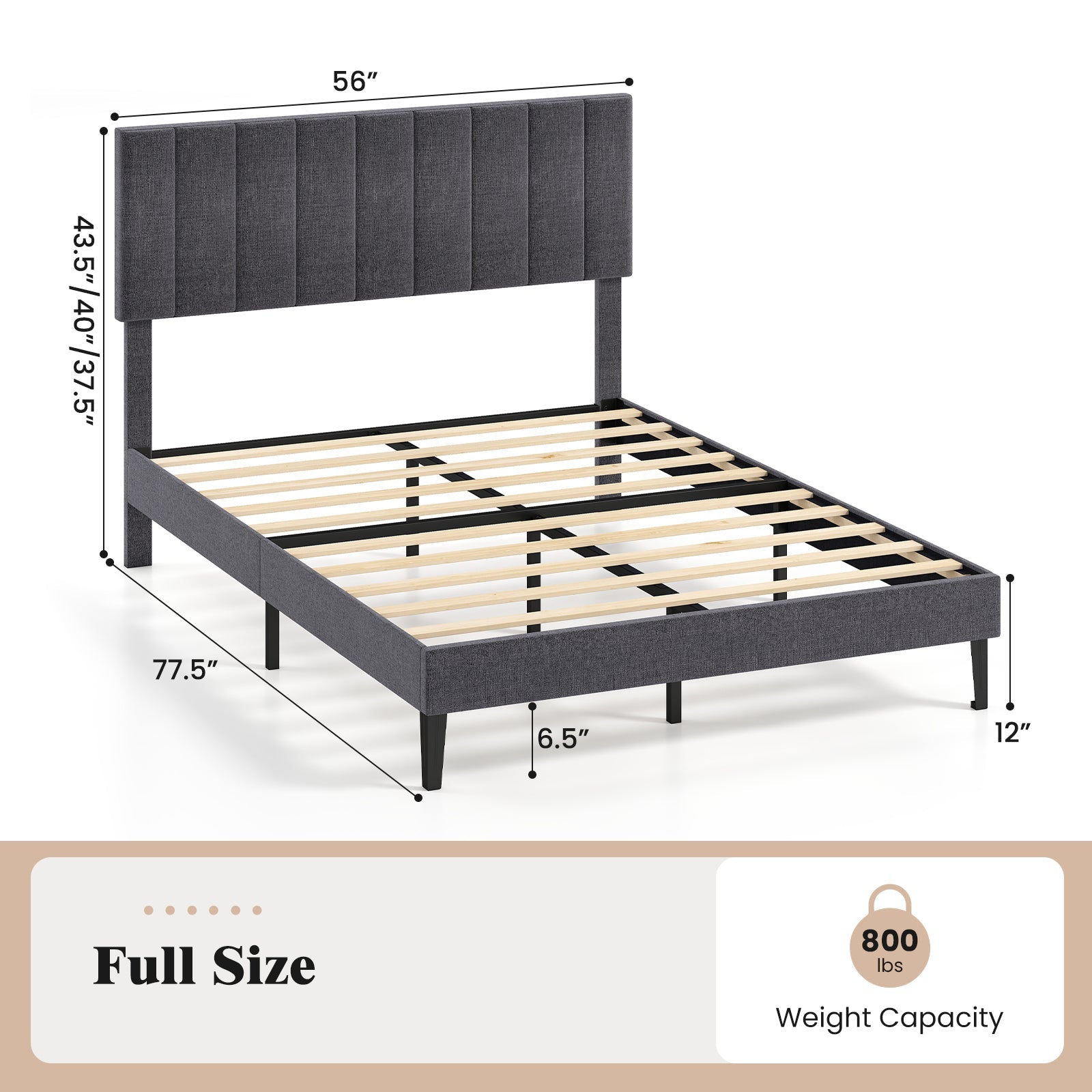 Velvet Upholstered Platform Bed with Height Adjustable Vertical Channel Headboard