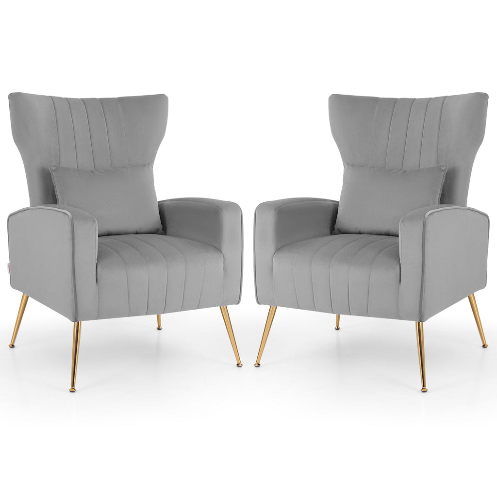 Velvet Upholstered Wingback Chair with Lumbar Pillow and Golden Metal Legs