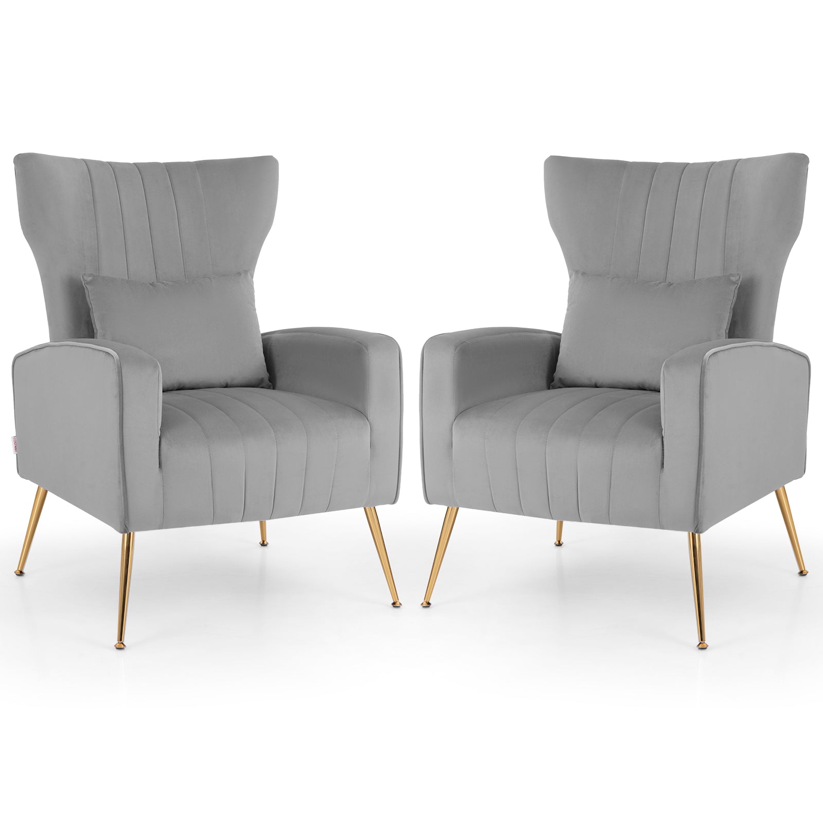 Velvet Upholstered Wingback Chair with Lumbar Pillow and Golden Metal Legs
