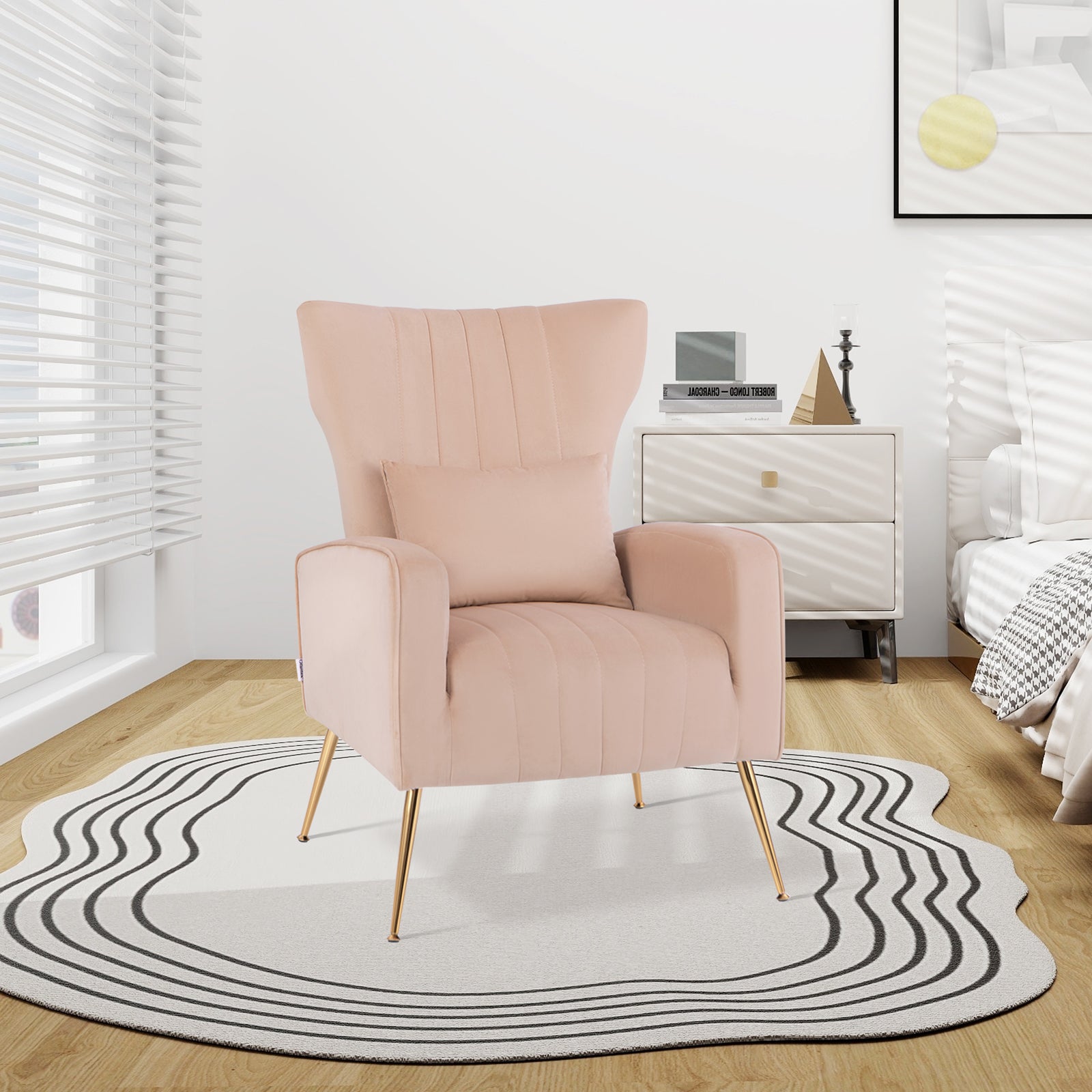 Velvet Upholstered Wingback Chair with Lumbar Pillow and Golden Metal Legs