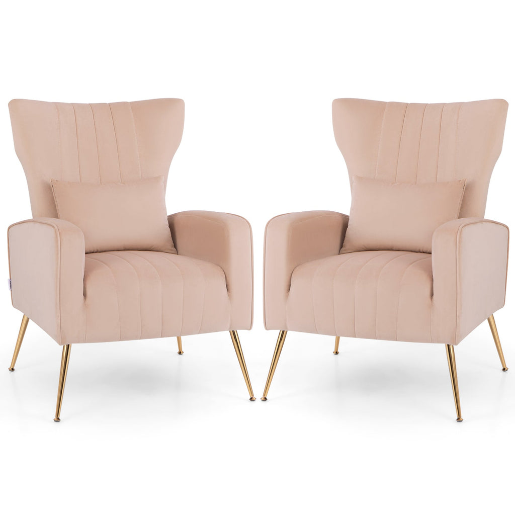 Velvet Upholstered Wingback Chair with Lumbar Pillow and Golden Metal Legs