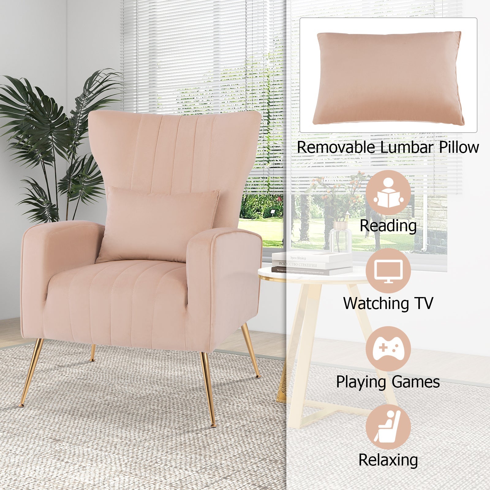 Velvet Upholstered Wingback Chair with Lumbar Pillow and Golden Metal Legs