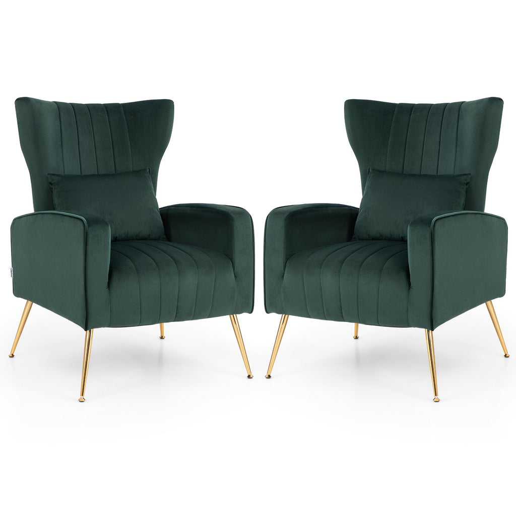 Velvet Upholstered Wingback Chair with Lumbar Pillow and Golden Metal Legs