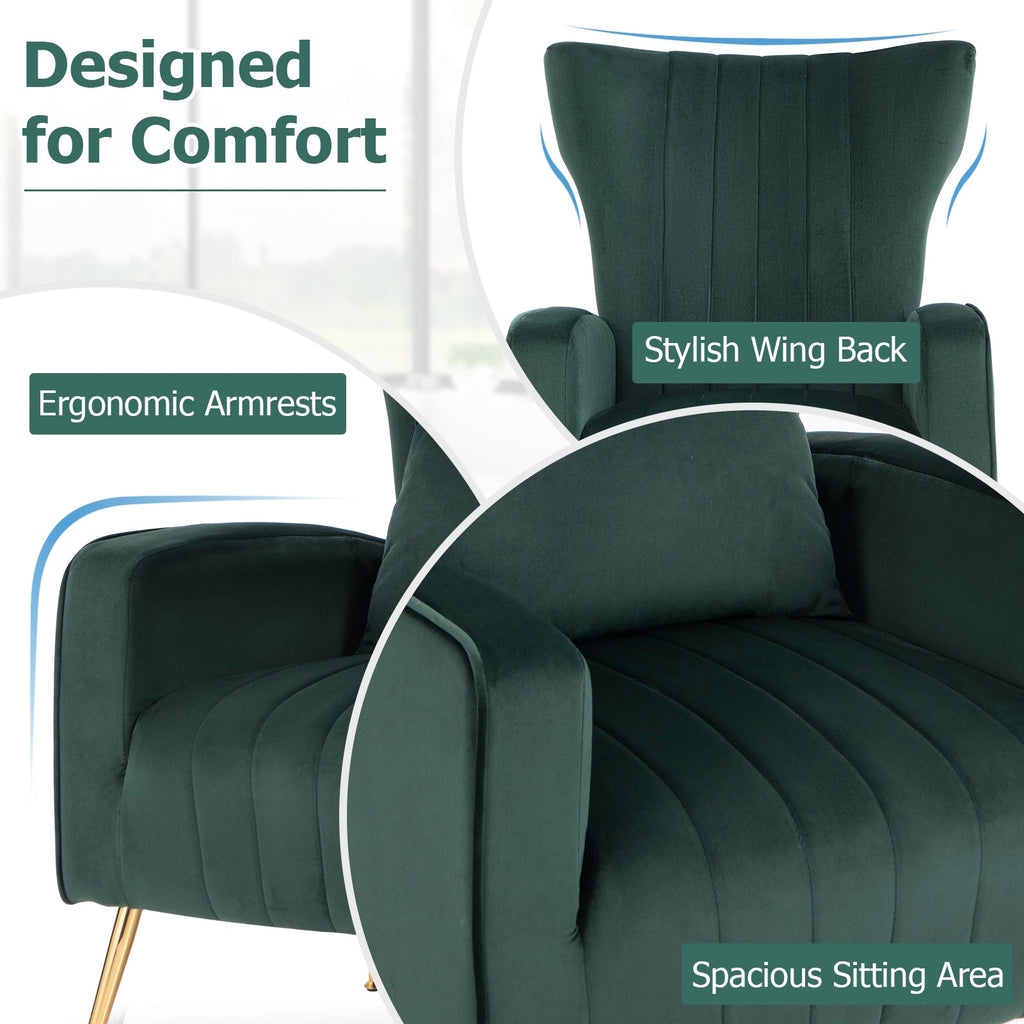 Velvet Upholstered Wingback Chair with Lumbar Pillow and Golden Metal Legs