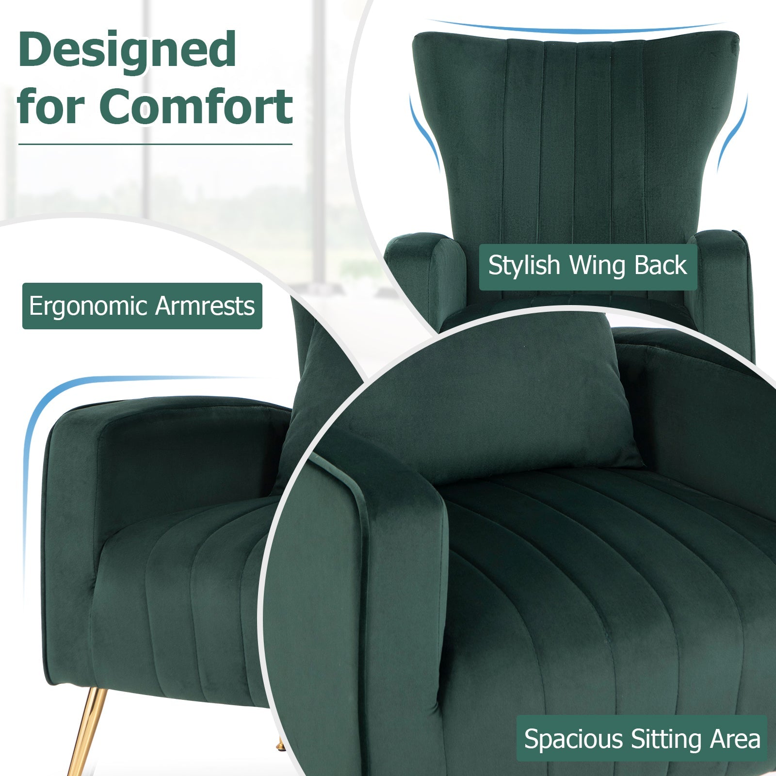 Velvet Upholstered Wingback Chair with Lumbar Pillow and Golden Metal Legs