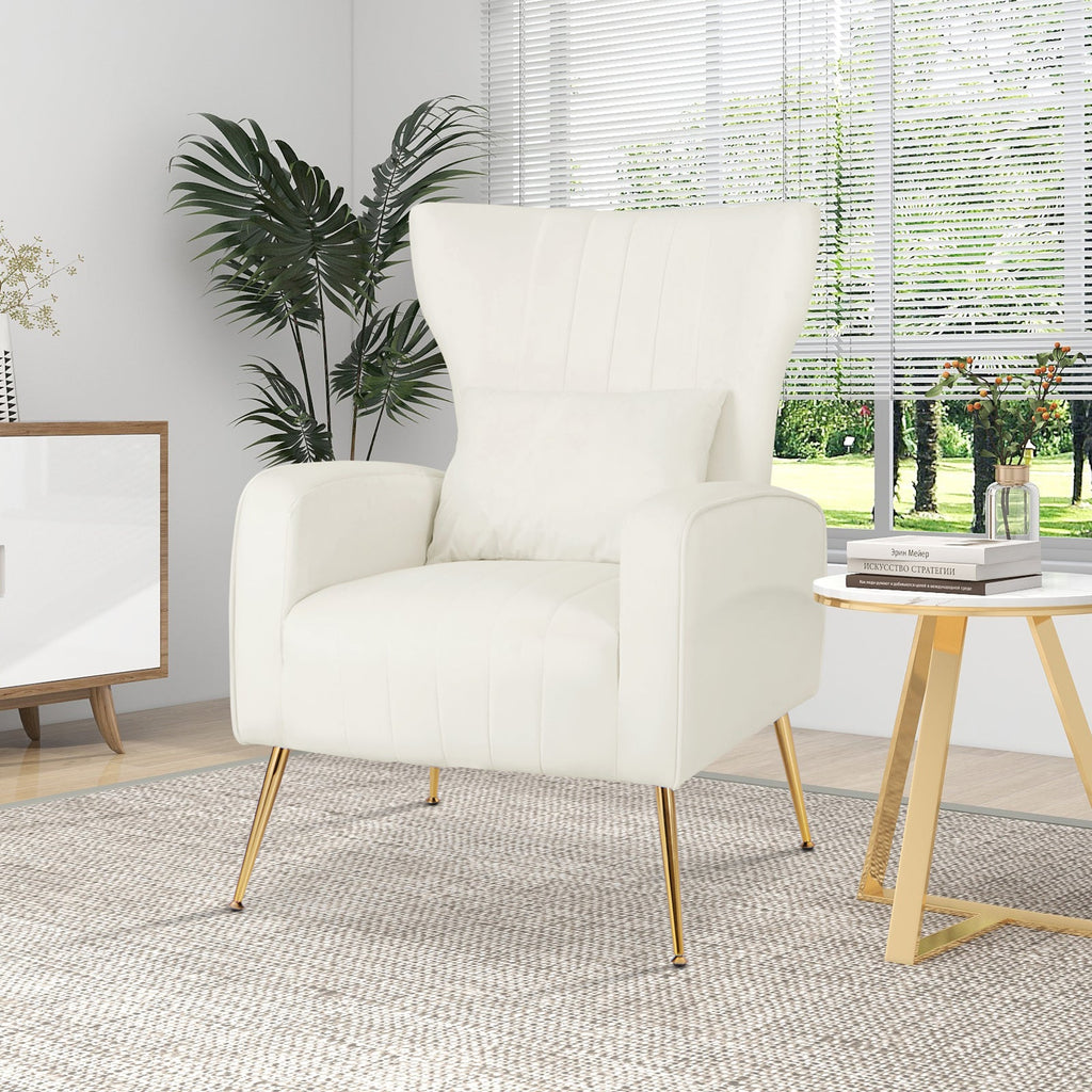 Velvet Upholstered Wingback Chair with Lumbar Pillow and Golden Metal Legs