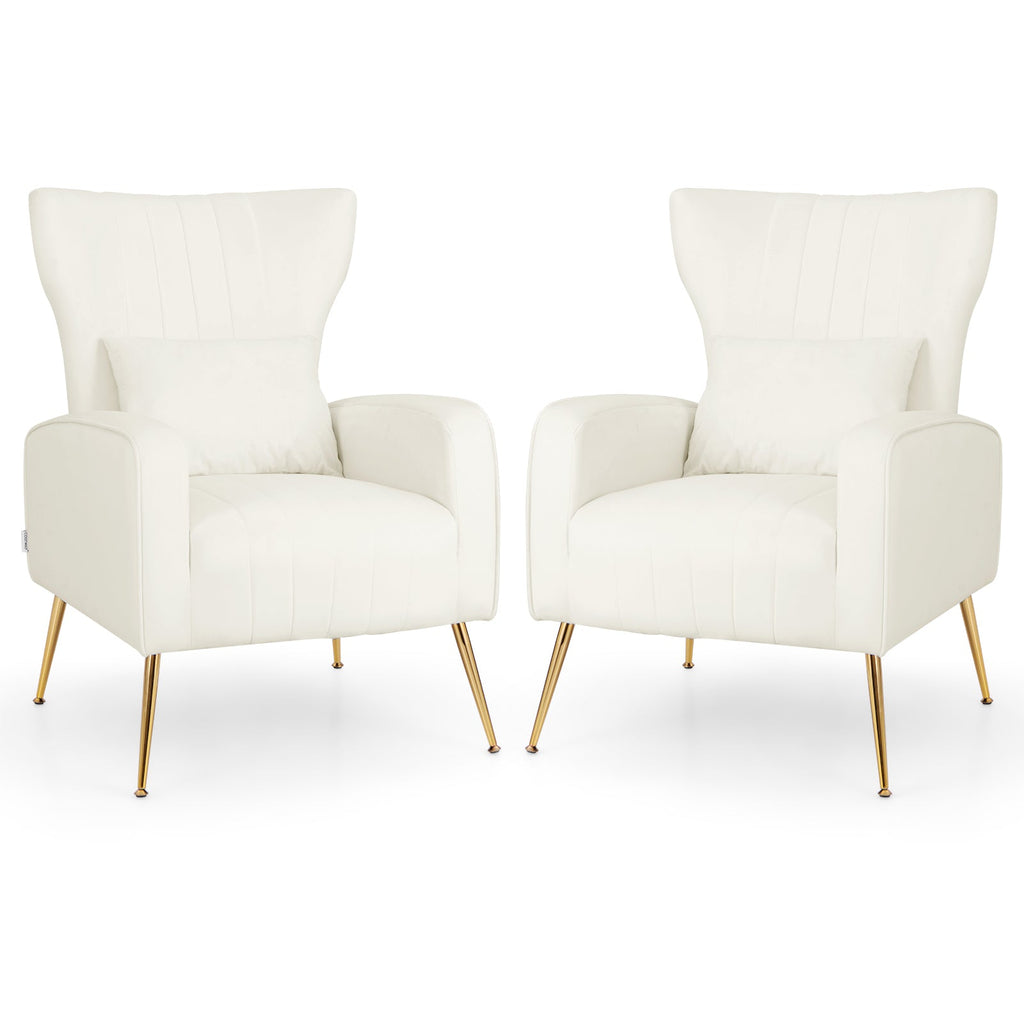 Velvet Upholstered Wingback Chair with Lumbar Pillow and Golden Metal Legs