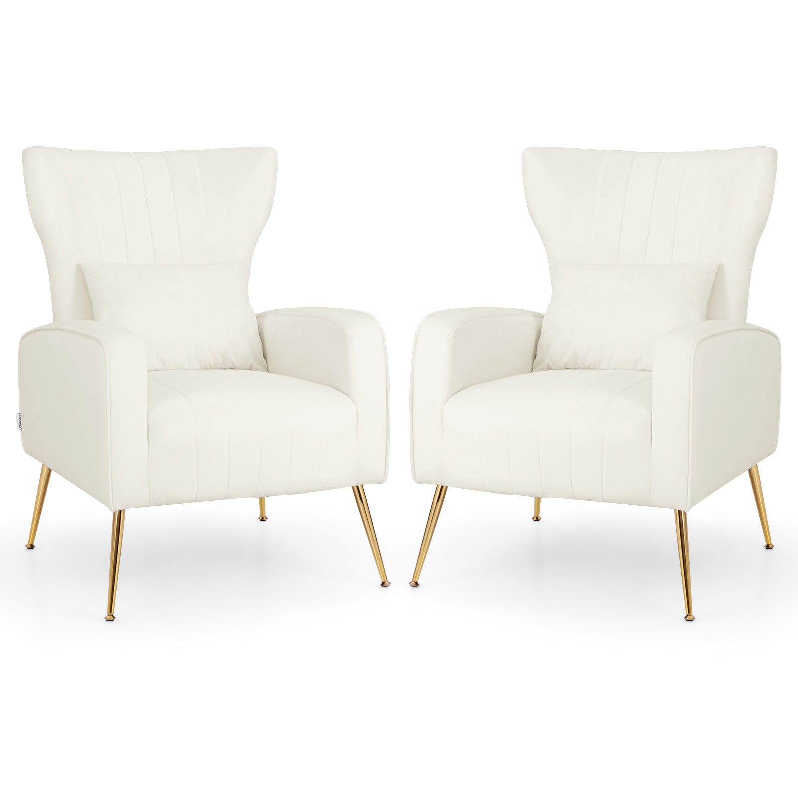 Velvet Upholstered Wingback Chair with Lumbar Pillow and Golden Metal Legs