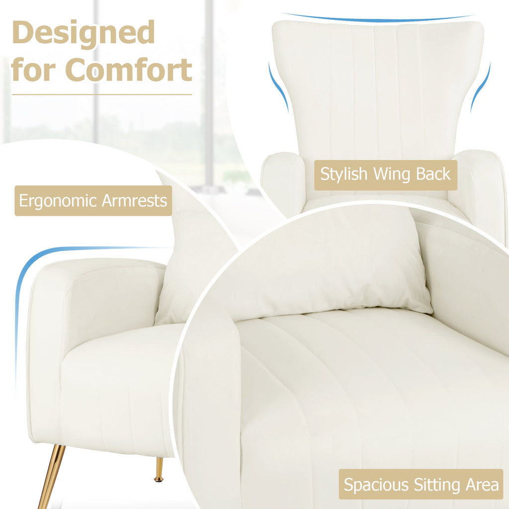 Velvet Upholstered Wingback Chair with Lumbar Pillow and Golden Metal Legs