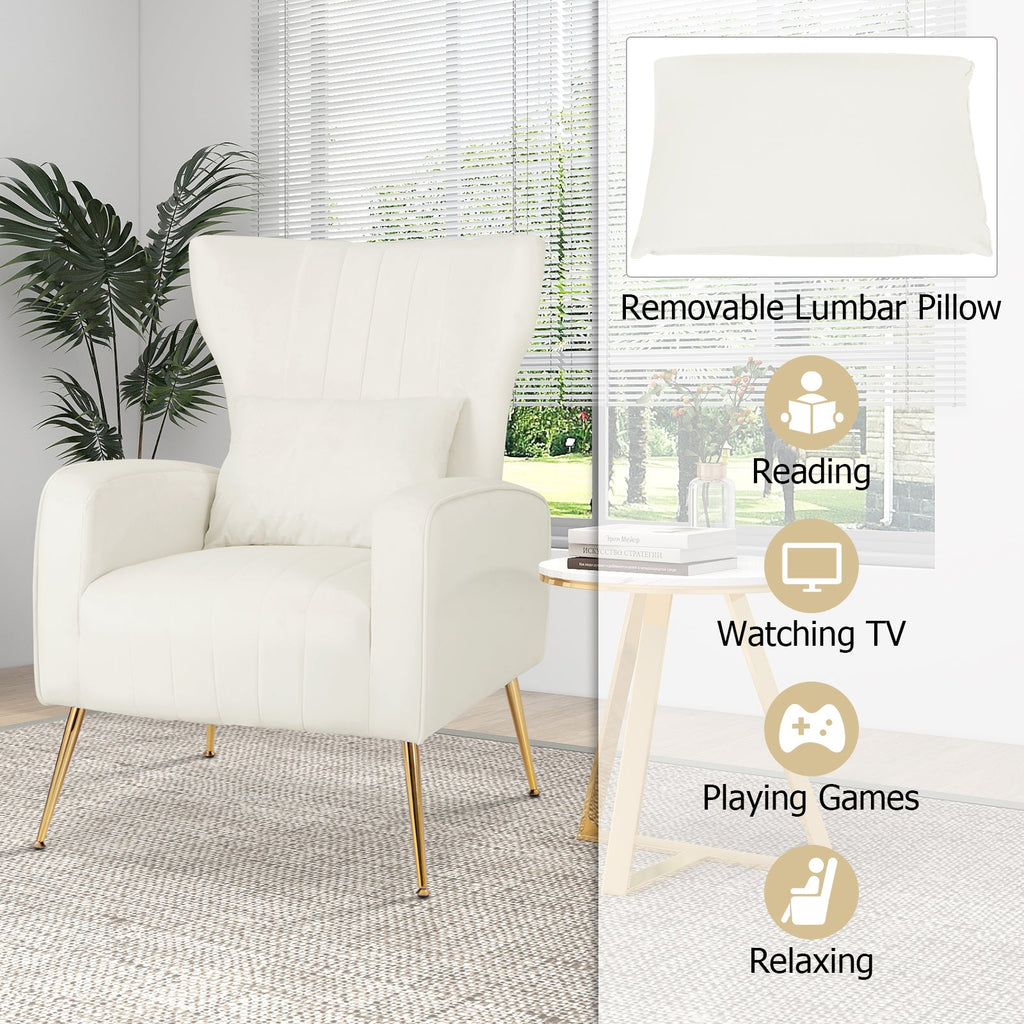 Velvet Upholstered Wingback Chair with Lumbar Pillow and Golden Metal Legs