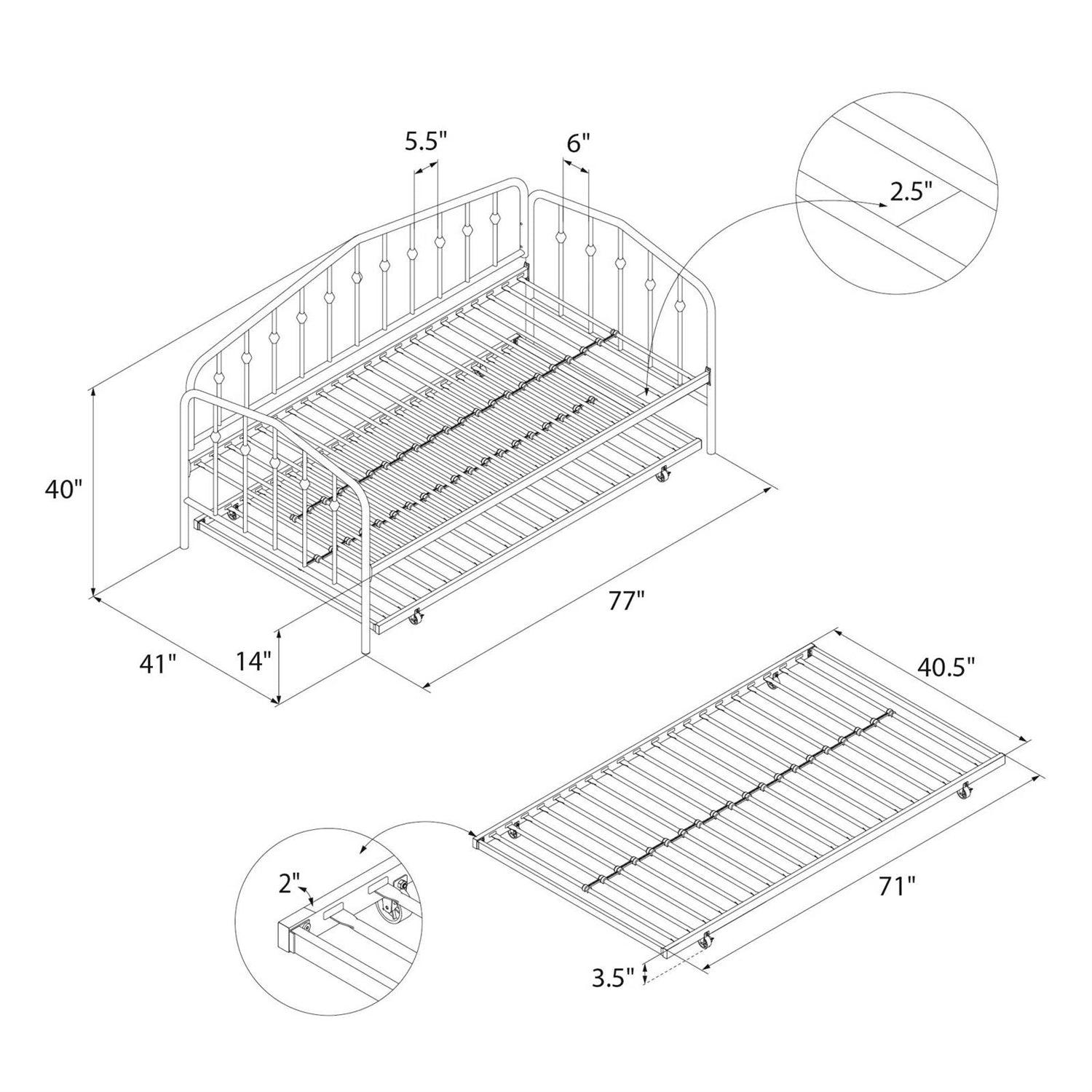 Twin size Modern Industrial White Metal Daybed with Trundle Bed Frame