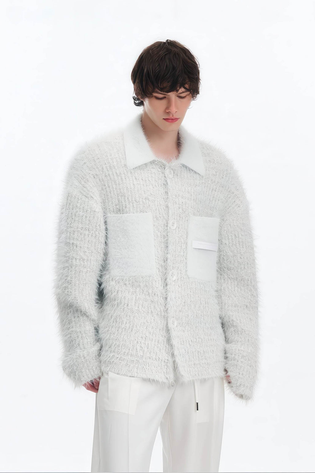 White Chunky Knit Cardigan - Ceramic Button & Shawl Collar Design