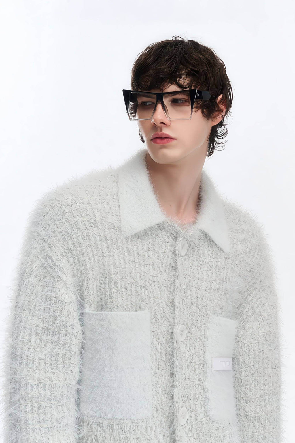 White Chunky Knit Cardigan - Ceramic Button & Shawl Collar Design