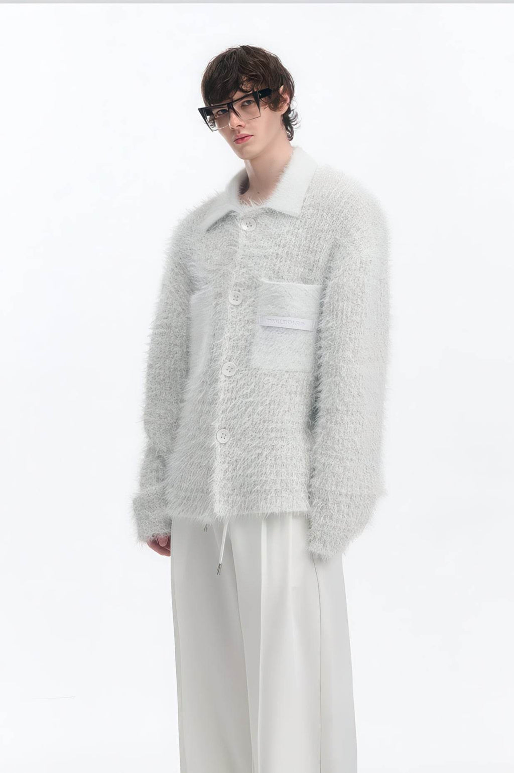 White Chunky Knit Cardigan - Ceramic Button & Shawl Collar Design