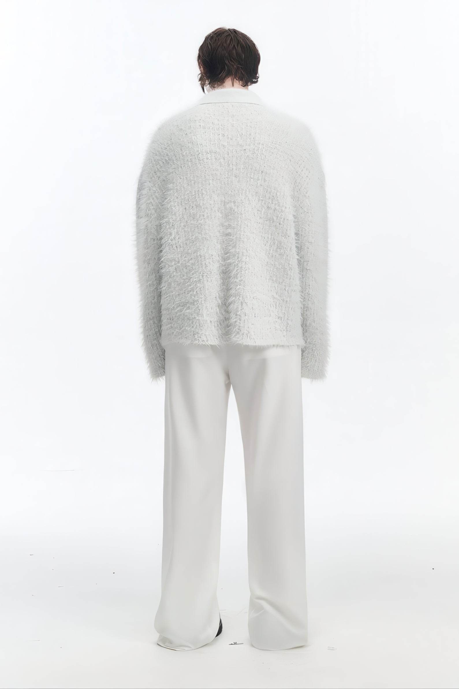 White Chunky Knit Cardigan - Ceramic Button & Shawl Collar Design