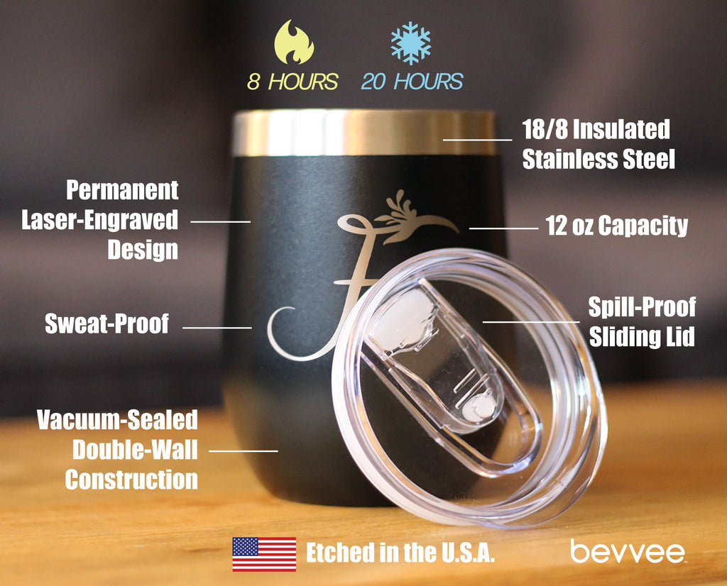 Monogram Floral Initial Letter F - Wine Tumbler
