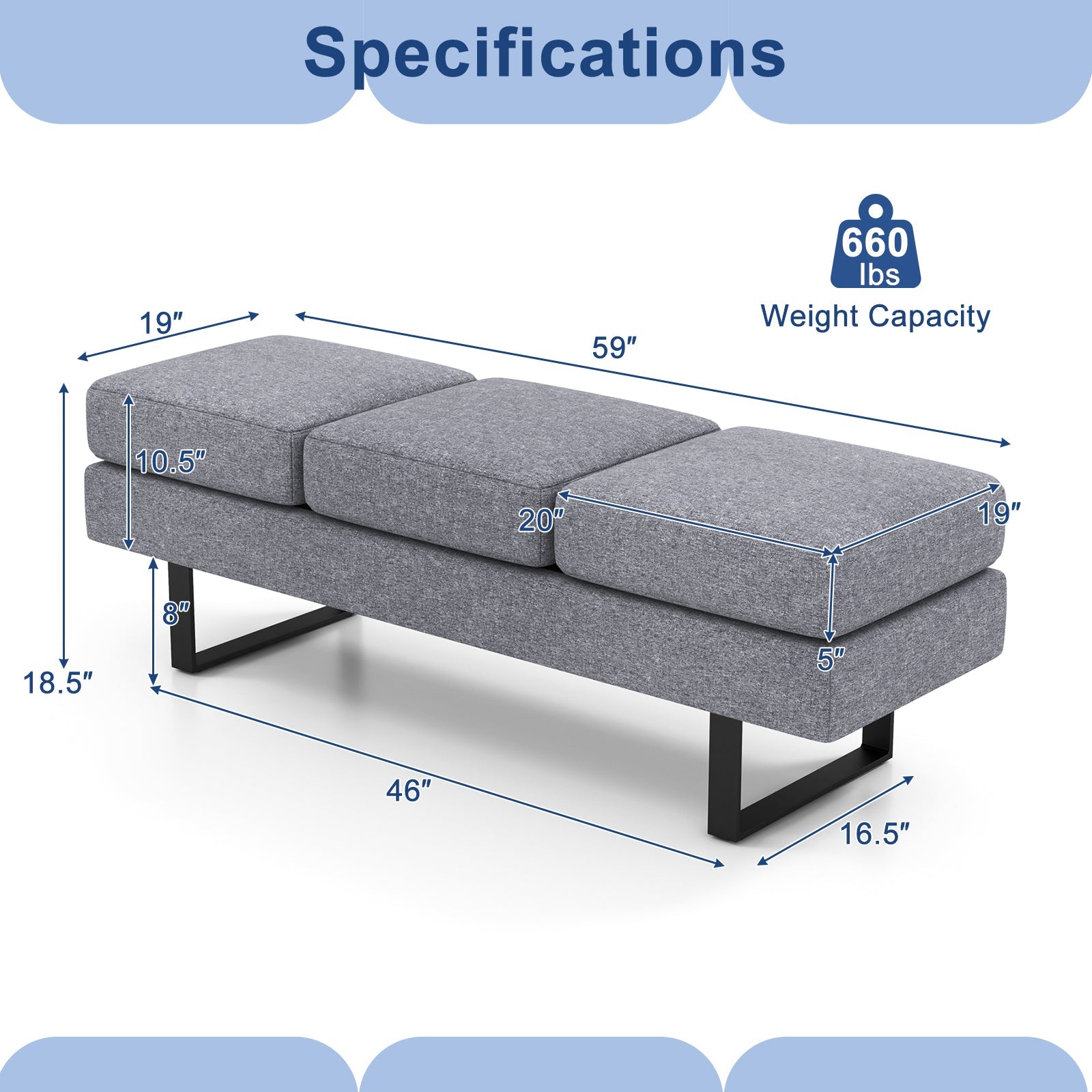 Waiting Room Bench Seating Long Bench with Metal Frame Leg