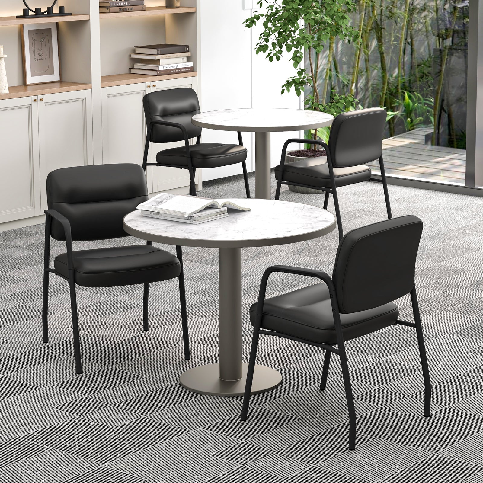 Waiting Room Guest Chair Set of 2 with Mixed PU Leather and Integrated Armrests-Black