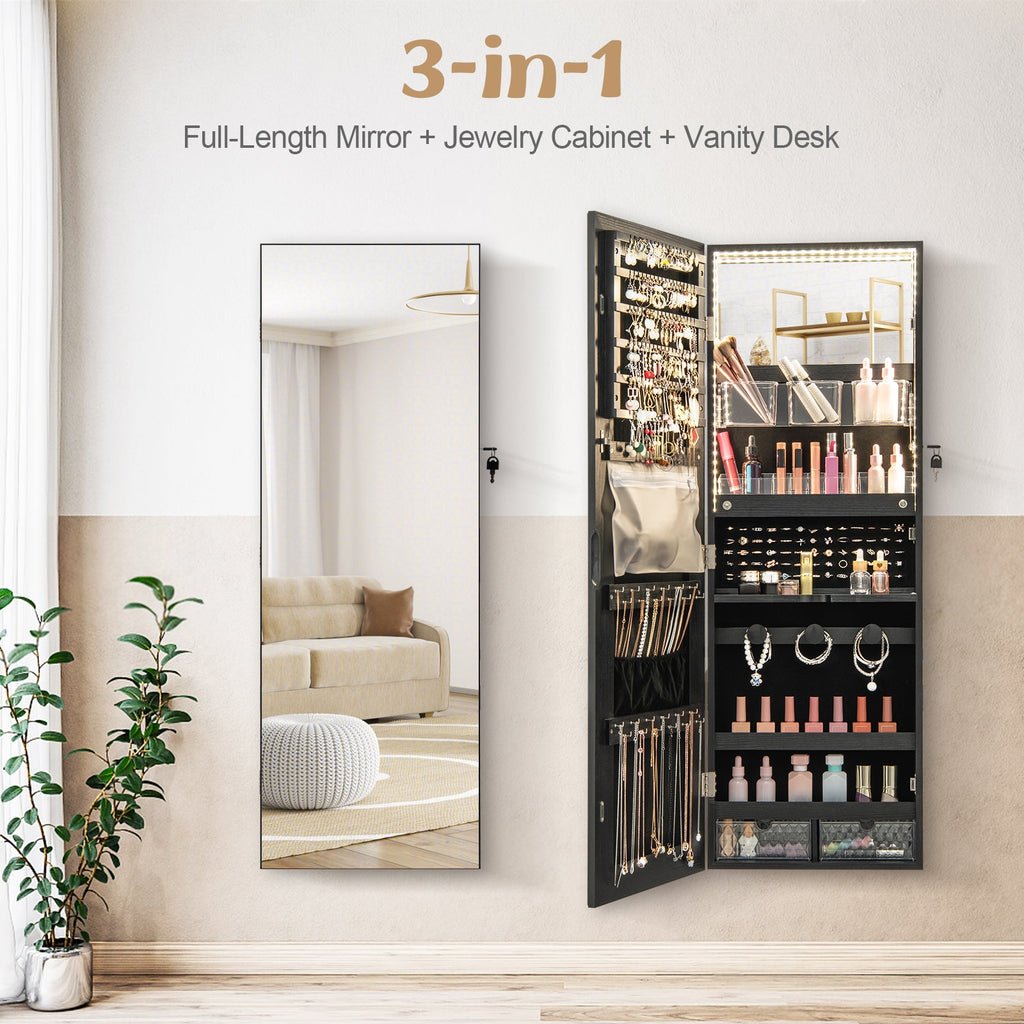 Wall Mounted Jewelry Cabinet with Full-Length Mirror