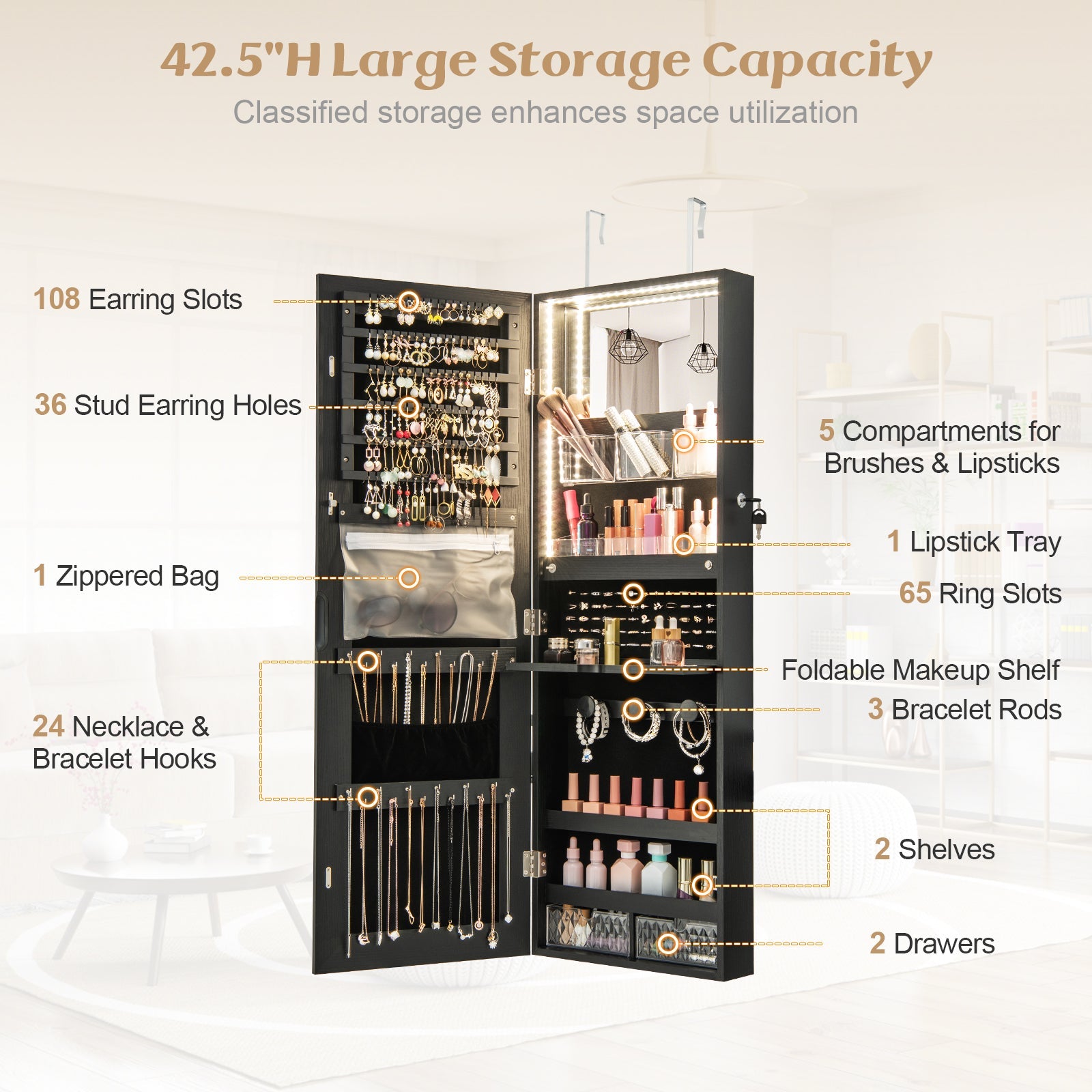 Wall Mounted Jewelry Cabinet with Full-Length Mirror