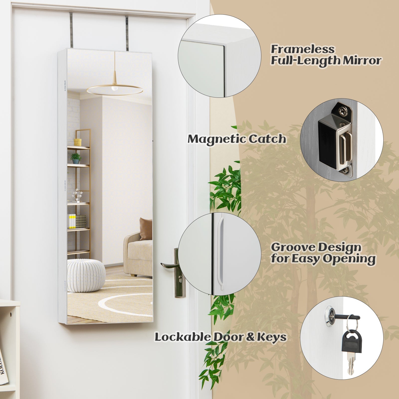 Wall Mounted Jewelry Cabinet with Full-Length Mirror