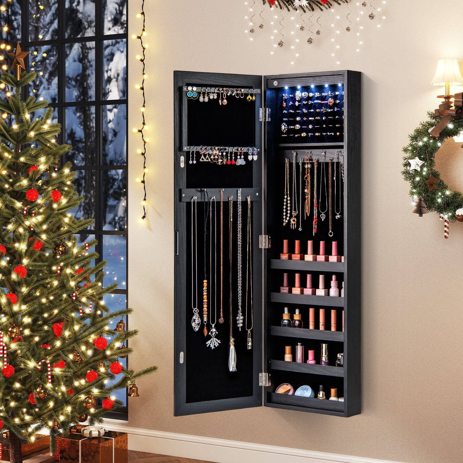 Wall or Door Mounted Jewelry Cabinet with Full-Length Mirror and LED Lights