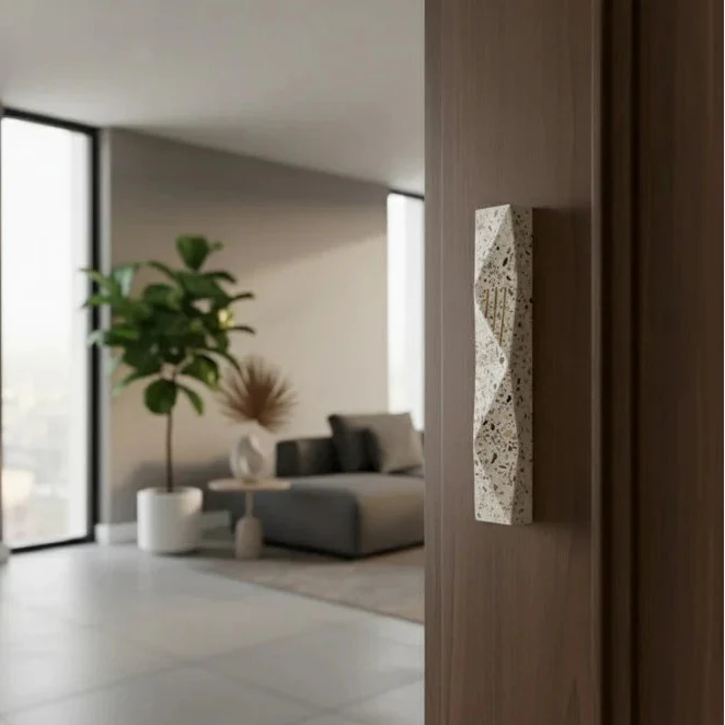 Terrazzo Mezuzah with Gold Engraving in Earthy Natural Tones – Wave Series