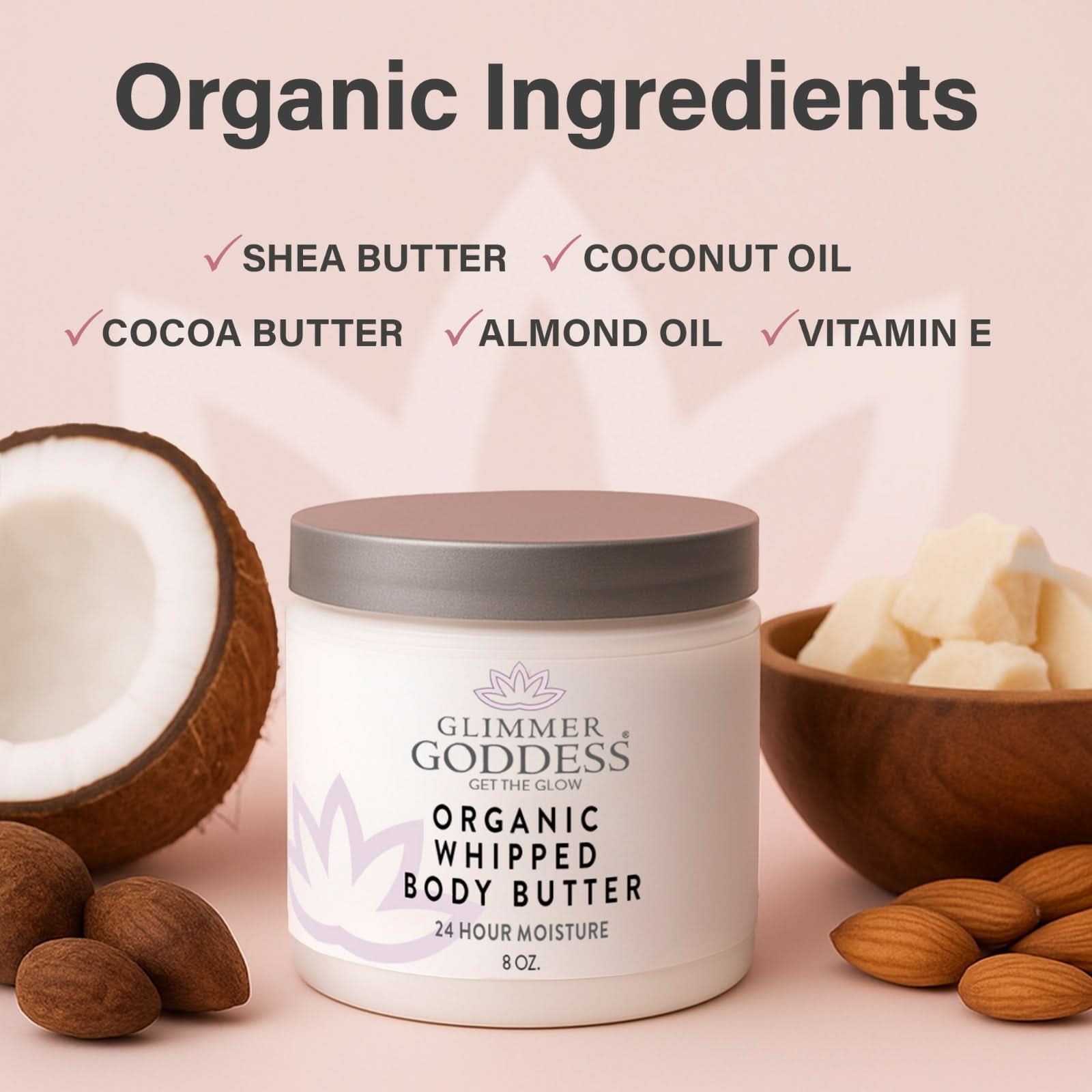 Glimmer Goddess Organic Whipped Body Butter 8 oz - Rose Lavender