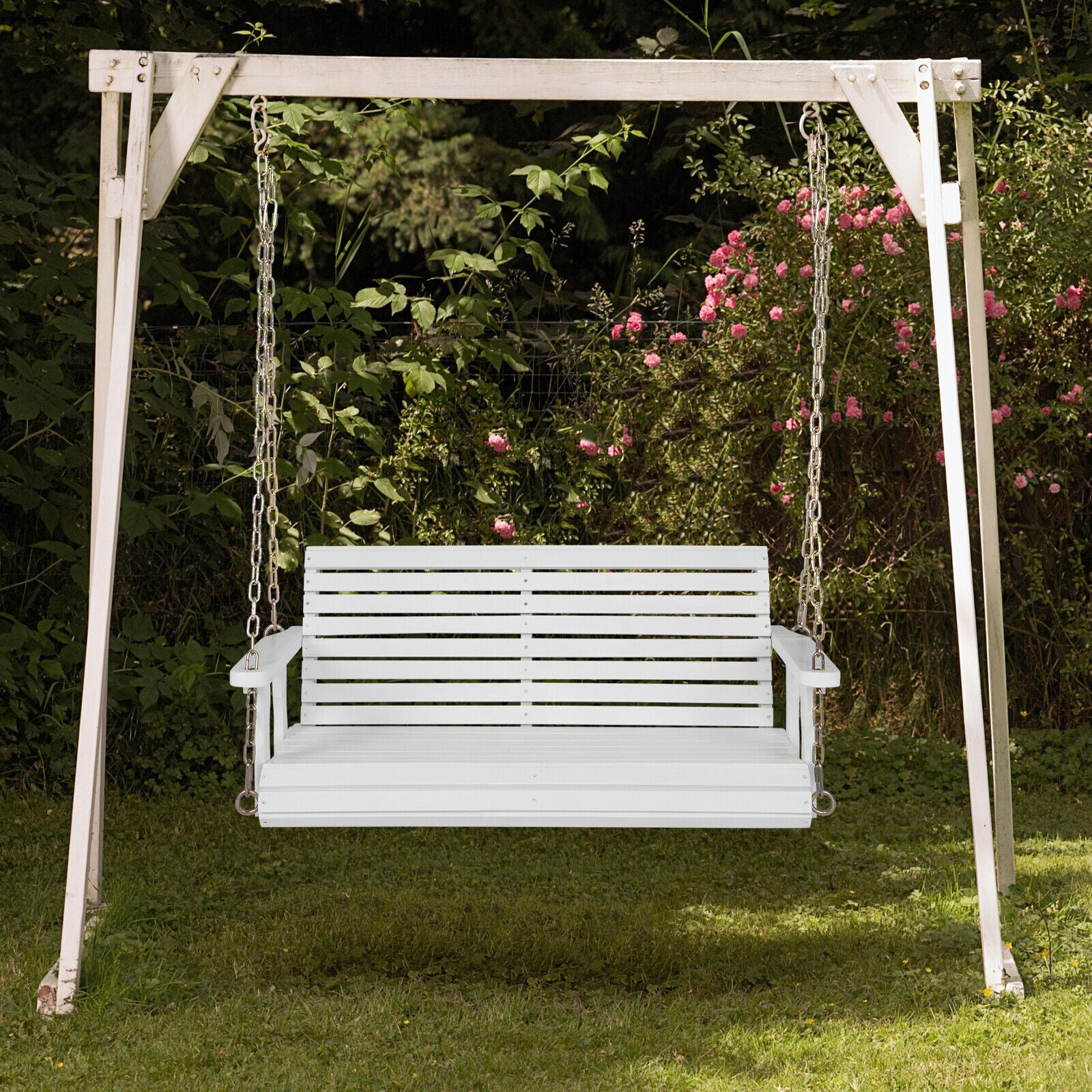 2-Person Wooden Porch Swing with Hanging Chains for Garden Yard
