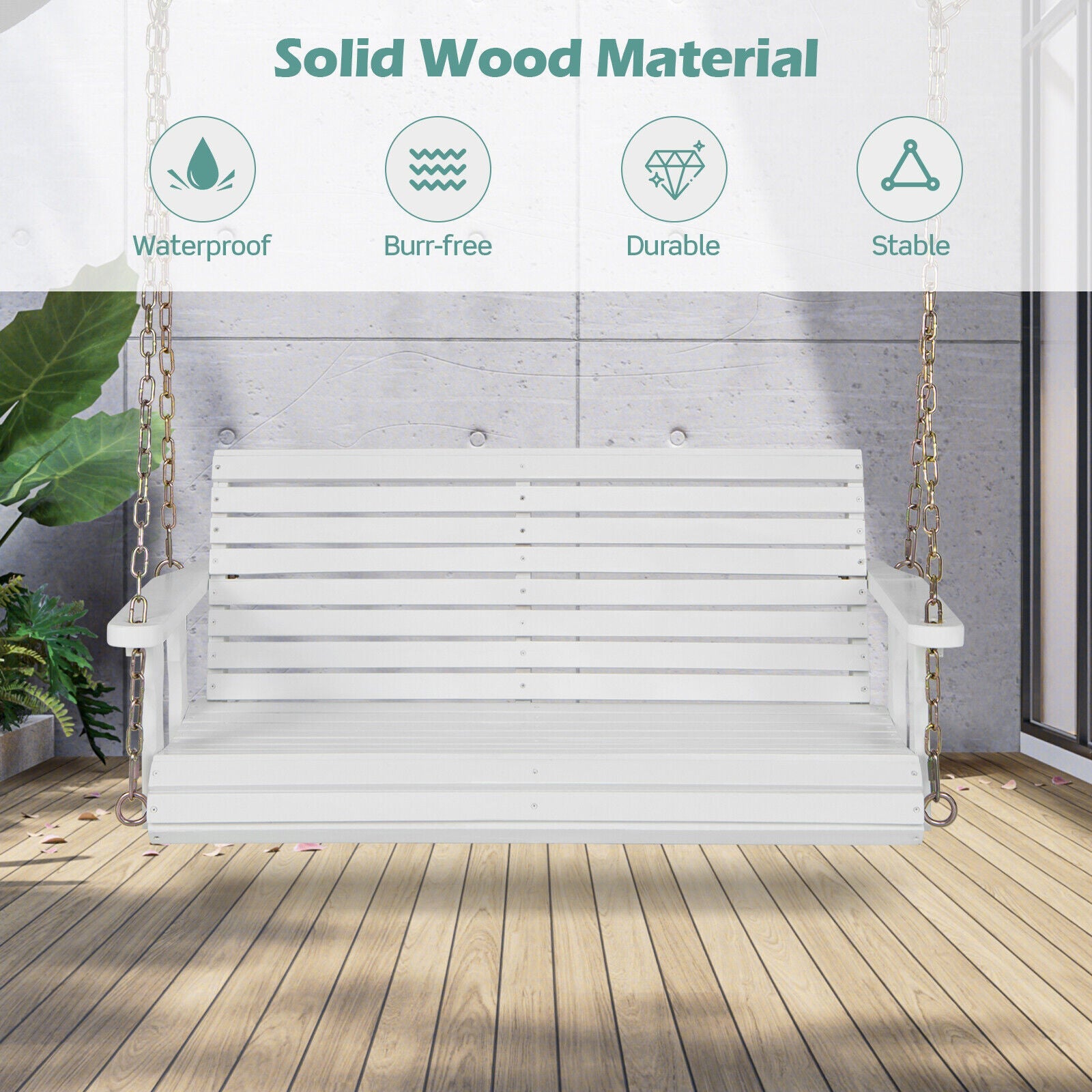 2-Person Wooden Porch Swing with Hanging Chains for Garden Yard