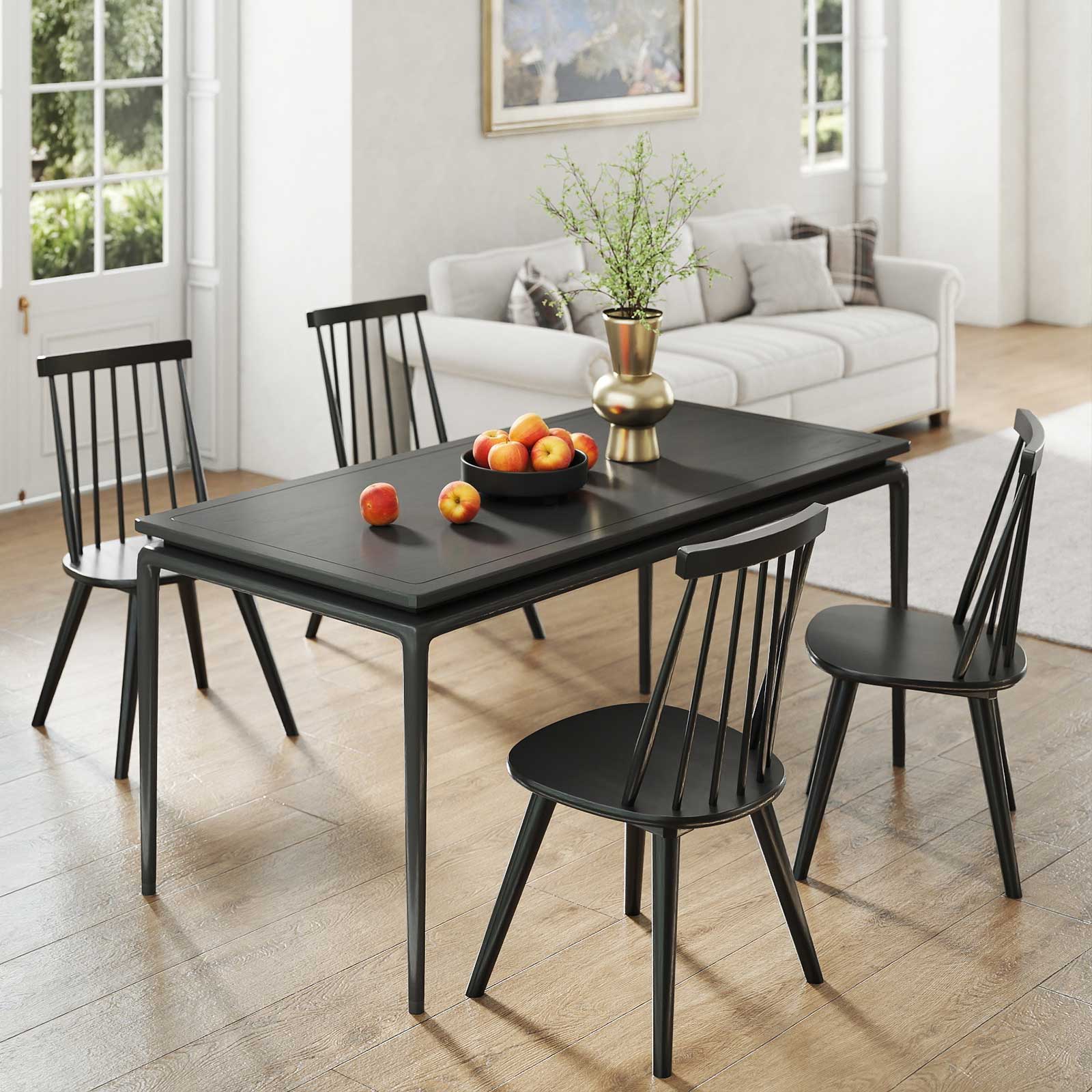 Windsor Dining Chair Set of 2 with Solid Rubber Wood Frame-Black