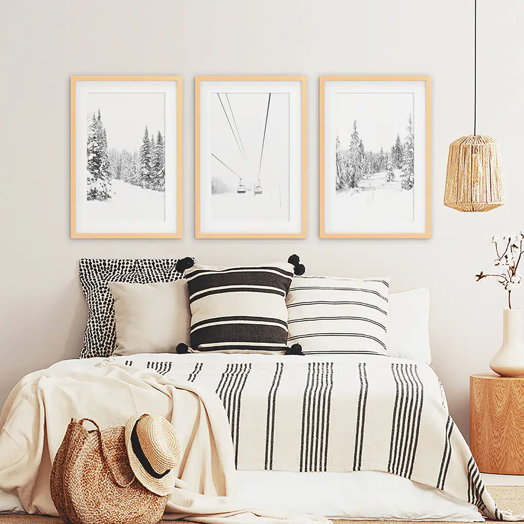 Winter Skiing Black White Wall Art. Ski Lift, Snowy Forest